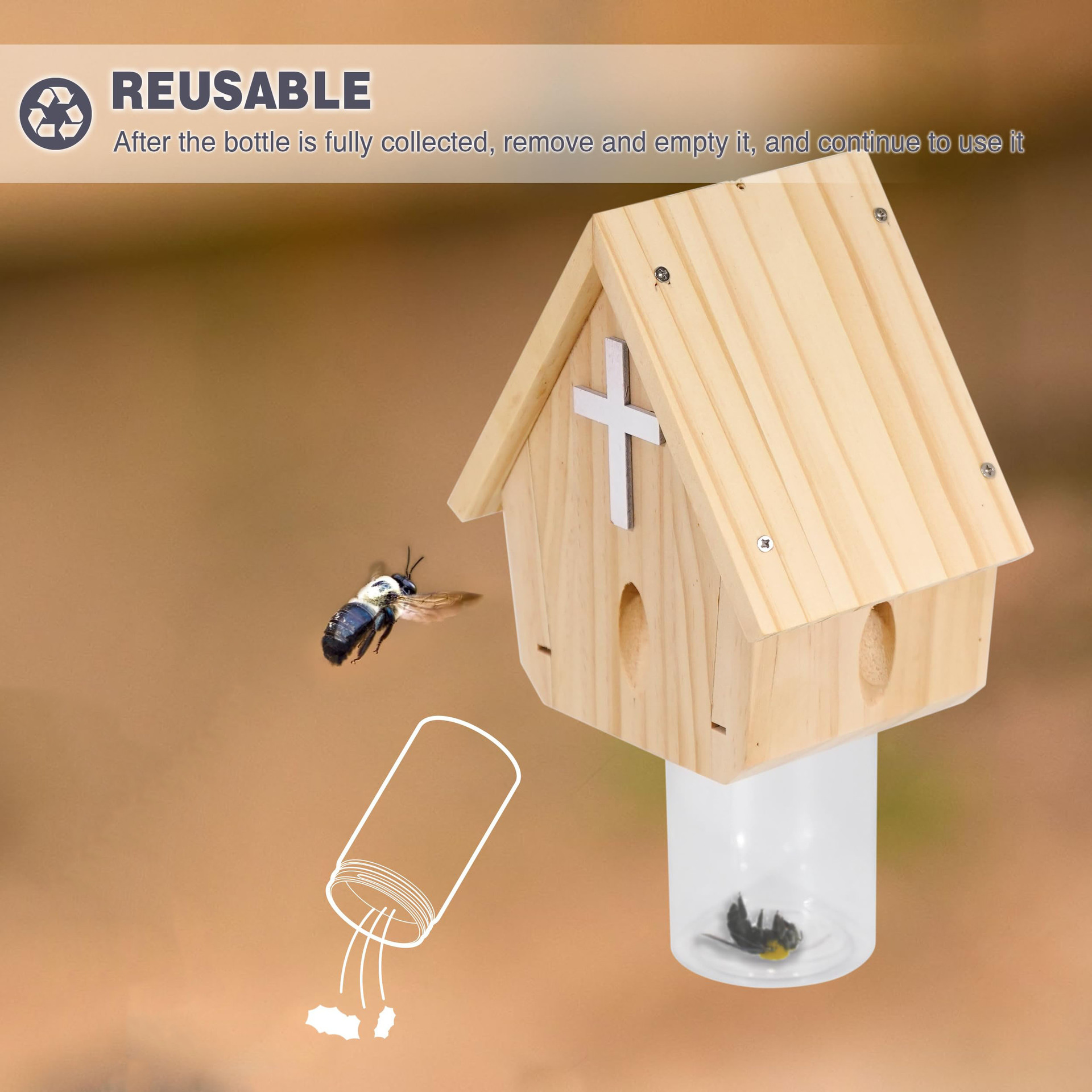 昆虫陷阱捕捉器蜜蜂诱捕盒木制蜜蜂陷阱屋 木匠蜂诱捕器户外悬挂