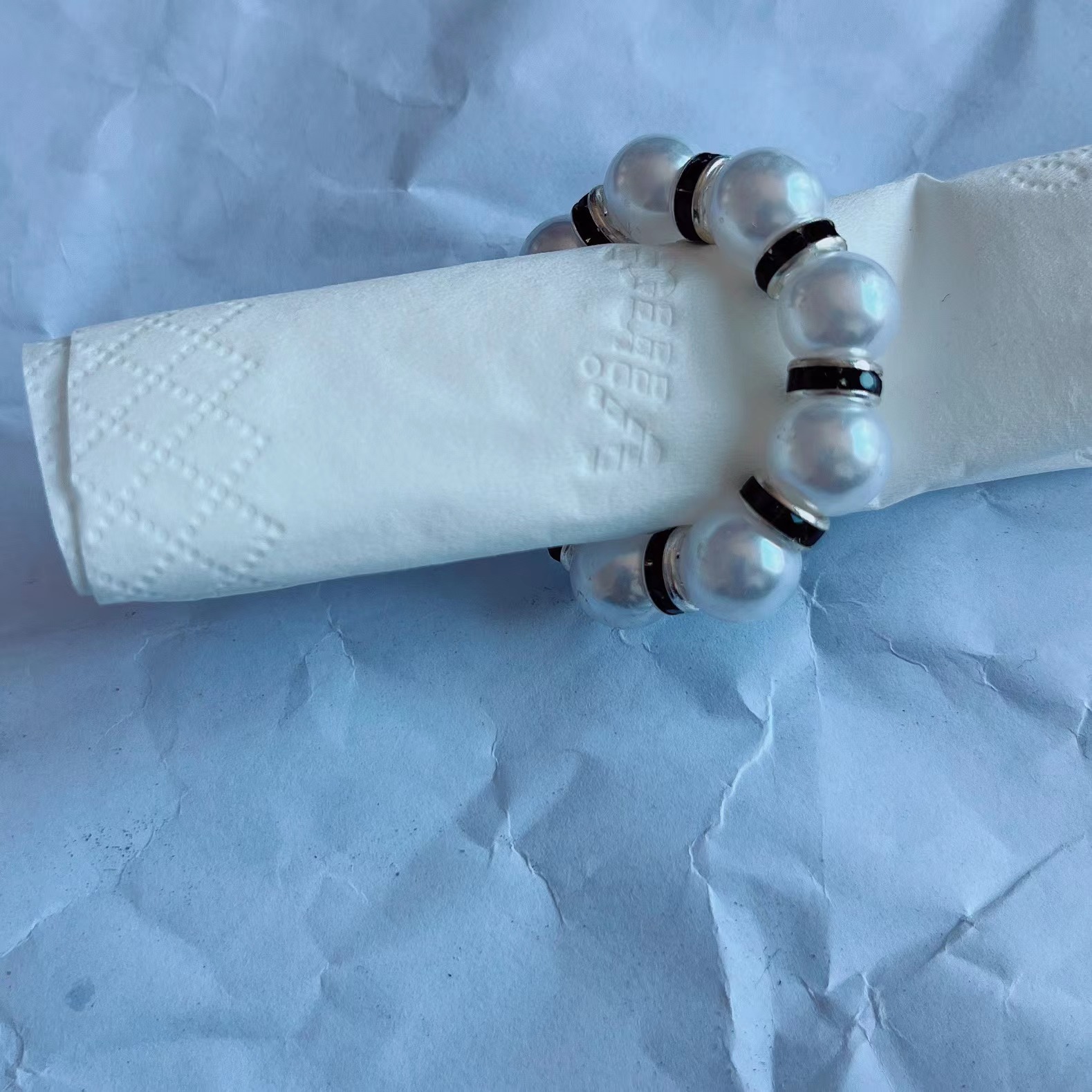 优质高亮珍珠串餐巾扣镶钻大珍珠环婚庆手饰手链餐桌装饰9颗详情14