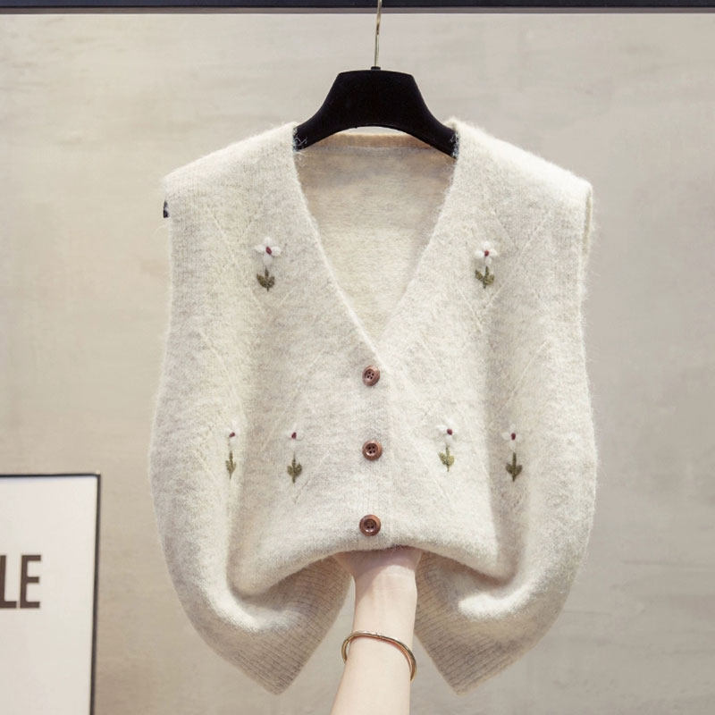 Cuello en V bordado flores punto cardigan chaleco mujer suelto flaco outwear vintage suéter chaleco canaleta outwear