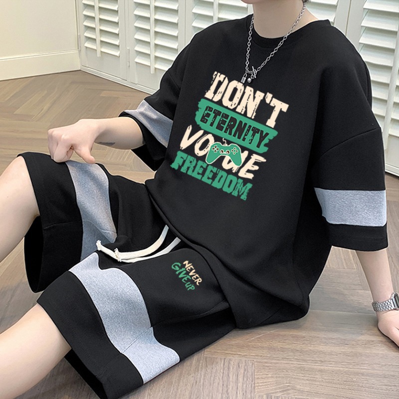 青少年衣服夏季套装男潮牌潮流休闲运动短袖短裤男装一套搭配帅气