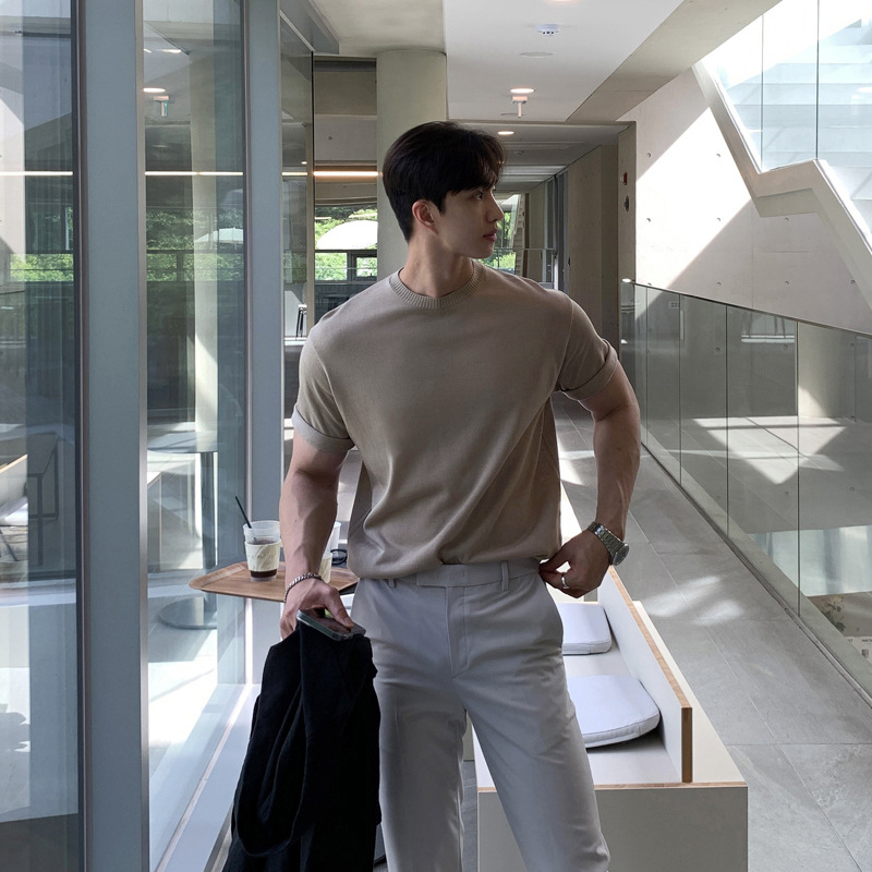 ASCLO summer top, ins simple and versatile knitted T-shirt, breathable round neck, thin and fashionable commuter knitted short-sleeved Specification image
