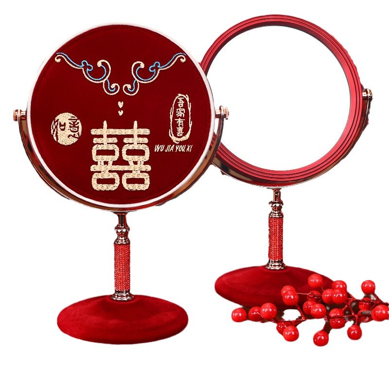 结婚陪嫁刺绣化妆镜礼盒一对红色新娘出嫁喜女方嫁妆婚庆用品大全详情图5