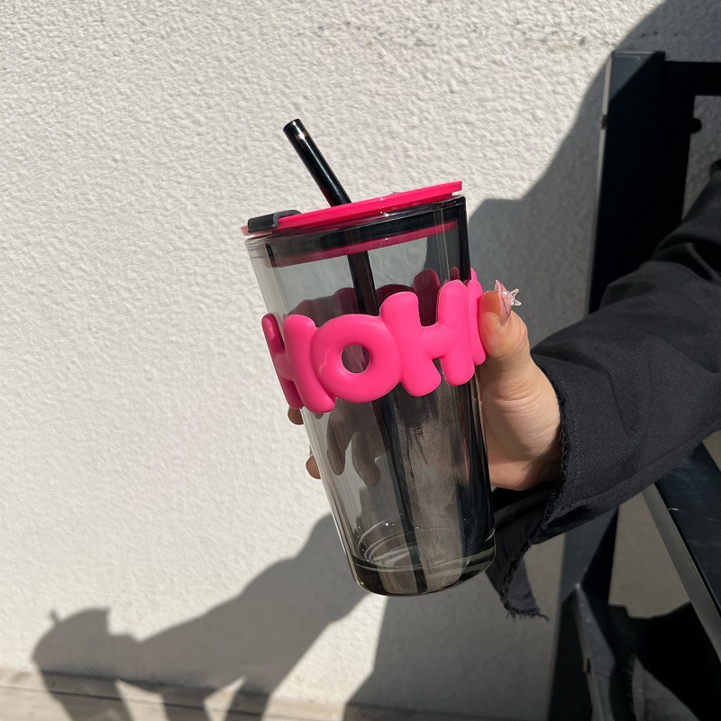 Net Red Bamboo Glass Straw Cup Ins Wind Letter Coffee Drink Cup Drainage Advertising Gift Cup Customization Specification drawing