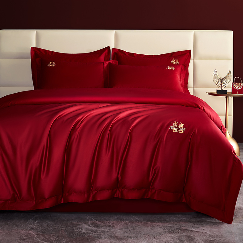 Red Wolf high-end pure cotton wedding four-piece set, simple long-staple cotton Big Red wedding multi-piece set bedding wholesale