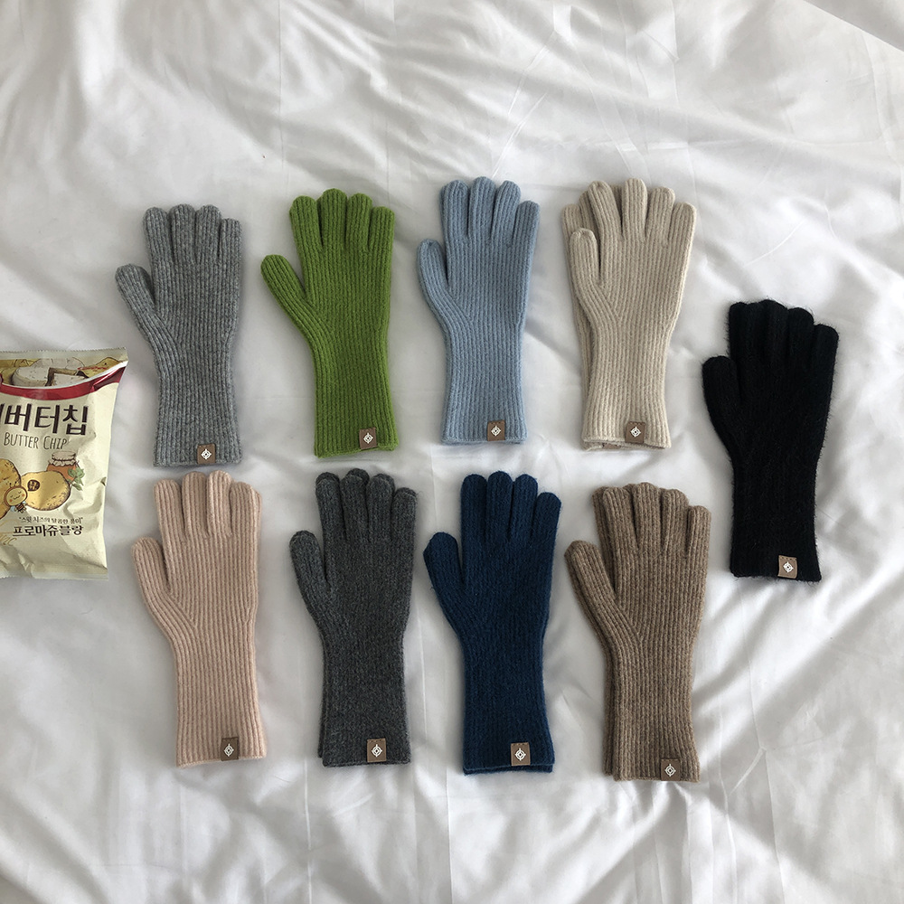 冬季新款韩国代购款羊毛纯色手套五指触屏手套骑车 女士毛线手套