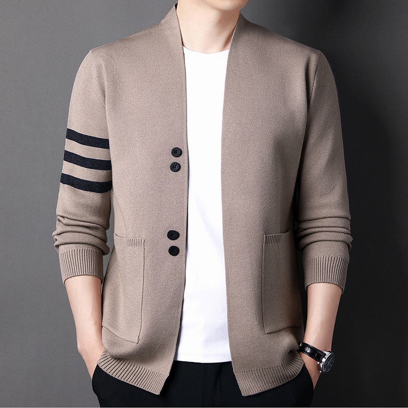 Men's 2023 autumn New V-neck knitted cardigan men's sleeve three-stripe fitted sweater casual jacket top Application Scenario