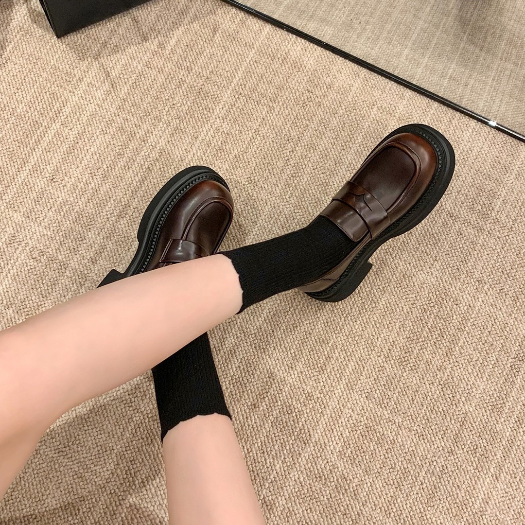 真皮~棕色小皮鞋女复古休闲一脚蹬单鞋学院jk乐福鞋大码女鞋产品图