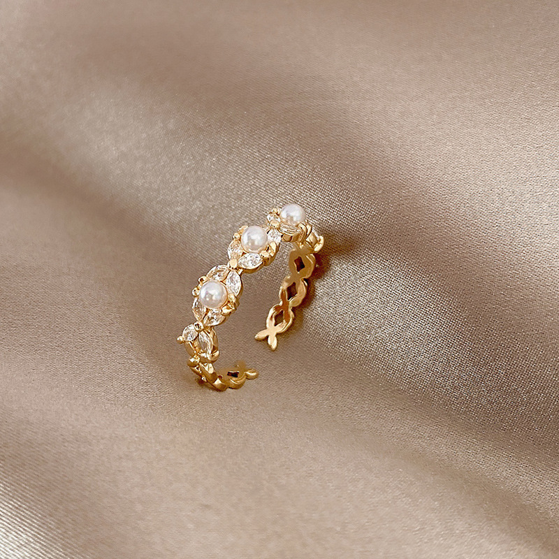 Kimoj's New Ring With Adjustable Opening, A Trendy And Cold Style For Women On Instagram, Zircon Pearl Index Finger Ring, Korean Version Real Gold Electroplated Jewelry details Picture