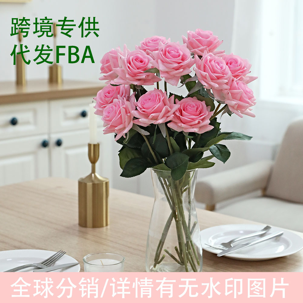 Single artificial flower with glue, moisturizing touch, rose with curled edges, Valentine's Day bouquet, home decoration artificial flowers details Picture