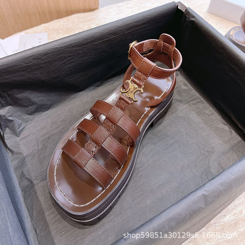 Arc De Triomphe Platform Sandals For Women 2023 New Roman Woven Leather Hollow Retro Casual British Style Beach Shoes Specification drawing