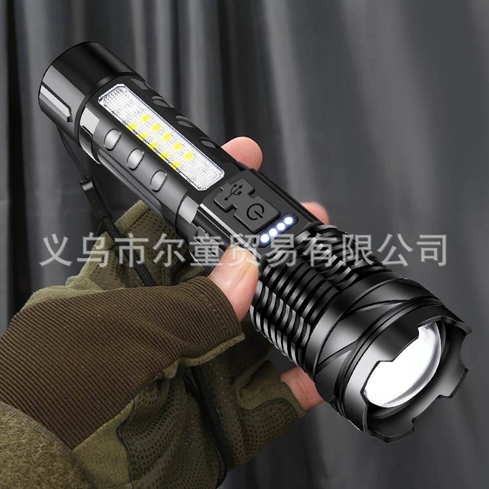 New white laser flashlight with telescopic zoom, USB charging, power display, outdoor lighting, COB side light and strong light details Picture
