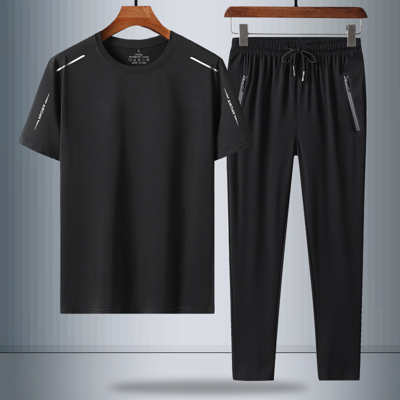 Summer short-sleeved T-shirt for middle-aged and elderly men, ice-silk quick-drying long pants, half-sleeved two-piece set, summer suit for middle-aged dads Application Scenario