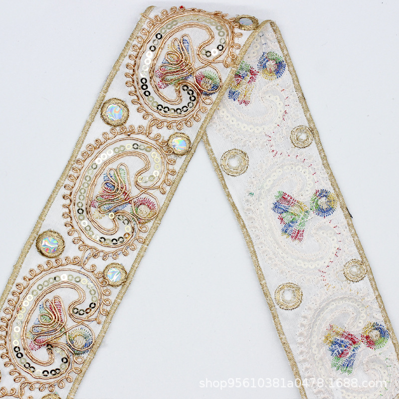 Manufacturers Direct Sales Of Gold Bone Rope Sequins Lace Wholesale Embroidery Ethnic Style Color Bar Code Hanfu Decoration Hand Ribbon Accessories Application Scenario