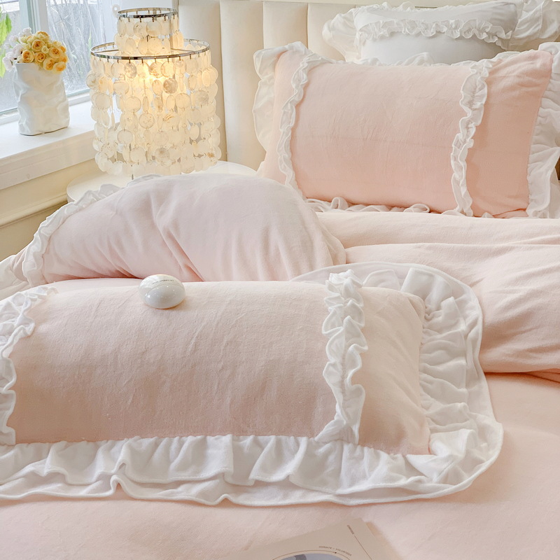 Four-Piece Winter Flannel Duvet Set Bed Sheet Headwear Double Sided Fleece Korean Princess Lolita Milk Fleece Bed Specification drawing