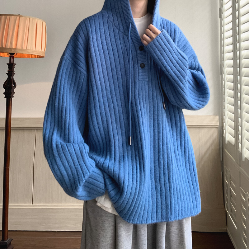 粗线毛衣男士连帽冬季加厚古着外套秋冬慵懒风韩系