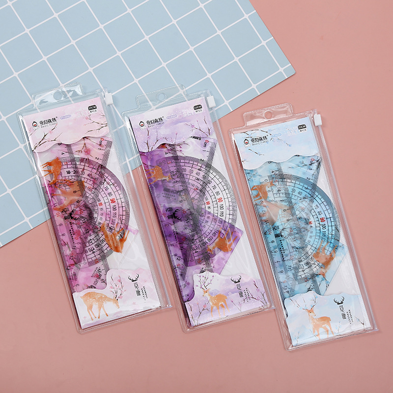 Cartoon student set of four pieces of simple transparent 20cm straight ruler student plastic learning stationery wholesale full figure