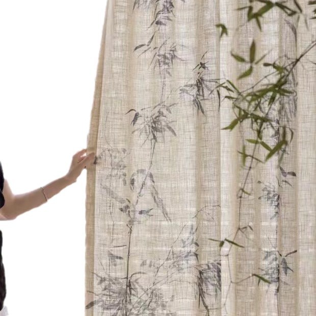 New Chinese-style linen material, ink bamboo digital printed gauze curtain, living room and tea room, wholesale in stock in Keqiao Item Picture