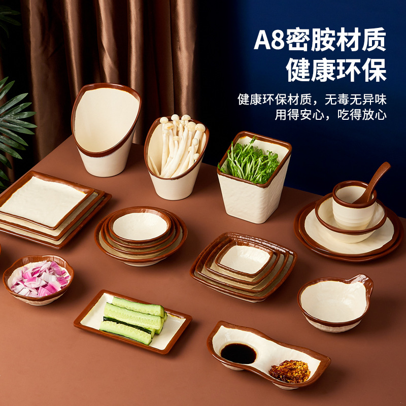 Street-style tableware, anti-porcelain clay bowls for hot pot restaurants, nostalgic and retro plates, side plates, snack plates, melamine commercial round plates details Picture