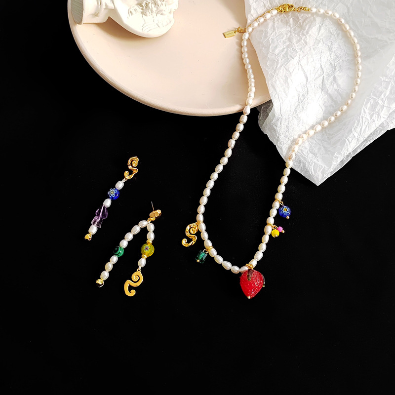 Vintage elegant cultured pearl necklace temperament coloured glaze earrings INS wind asymmetric earrings set T163 details Picture