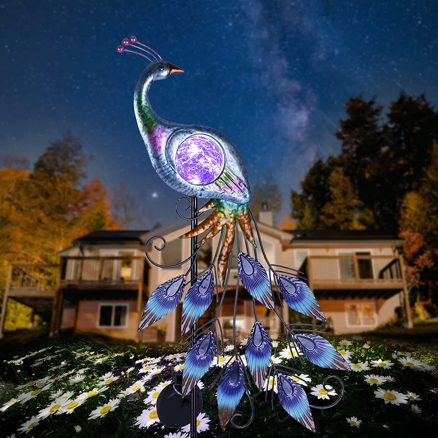 孔雀太阳能花园灯金属花园装饰带裂纹玻璃球太阳能户外灯装饰庭院