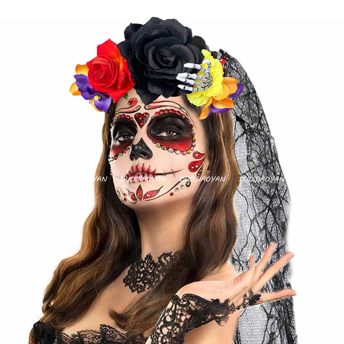 Cross-border new Halloween headband, exaggerated cosplay of the Day of the Dead flower hair accessory, female skull head ghost hand veil headband Item Picture