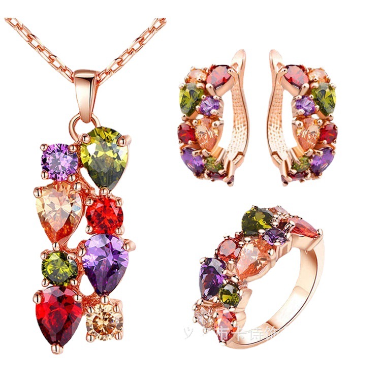 Three-piece jewelry set for brides: Mona Lisa, colorful and shiny zircon necklace, earrings, ring and jewelry set Item Picture