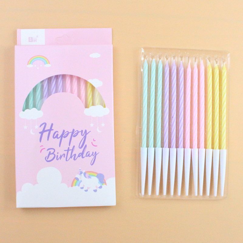 批发新品生日蜡烛细长彩色水晶螺旋12支盒装派对蜡烛