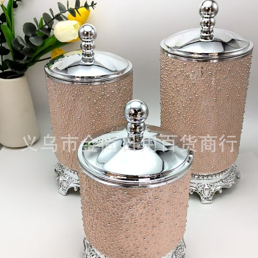 Plastic round bead rice bead solid color transparent storage jar with stand, creative high appearance level cookie sealed jar with color box details Picture