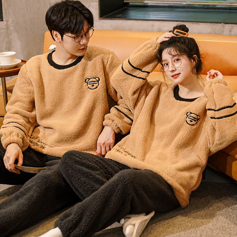Couple Pyjamas Winter With Thick Coral Velvet For Men And Women Autumn And Winter Flannel Homewear Warm Two Sets Specification drawing