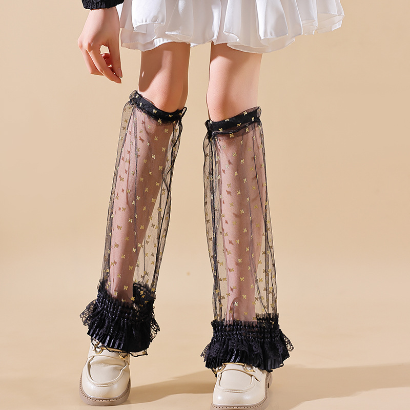 A Japanese-style sweet and cool girl summer thin transparent black lace mosquito-proof wide-leg sock with a sexy golden rose Application Scenario