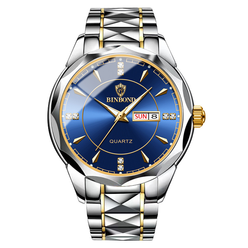 Binbang Watch New Trend Men's Watch Men Waterproof Tungsten Steel Calendar Quartz Watch Tiktok Explosion Cross-Border Generation Specification drawing