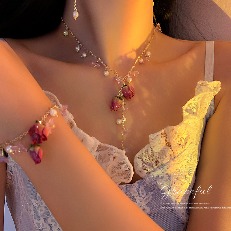 Korean fashion flower pearl bracelet necklace earrings set super fairy rose temperament gentle clavicle chain ear ornaments female full figure