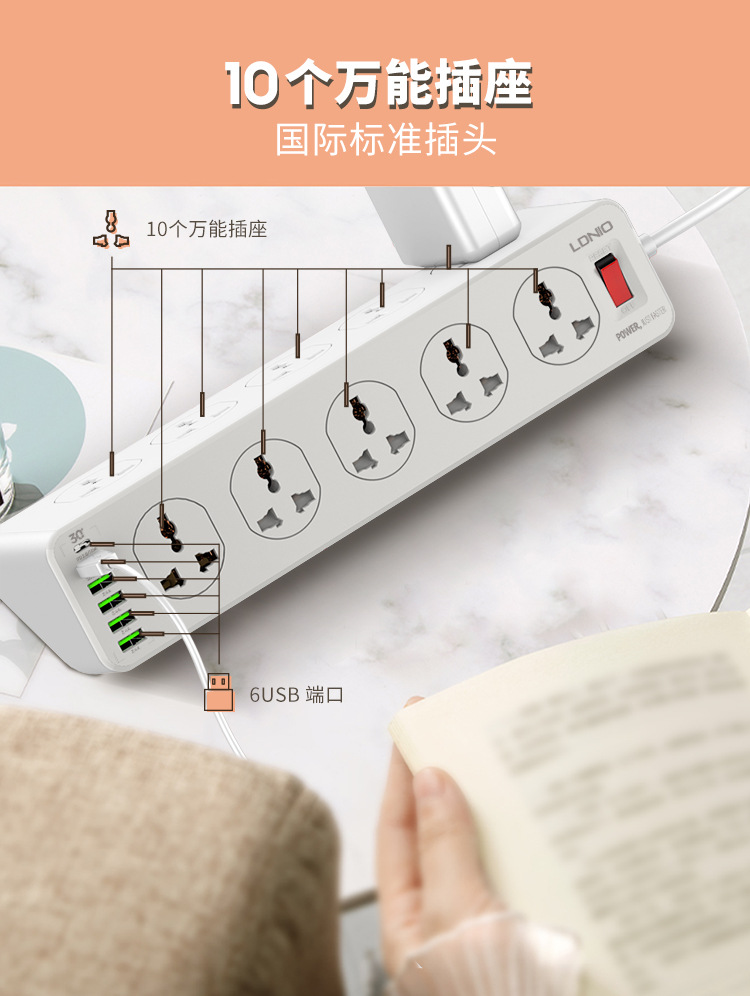 New 10-position creative power strip 30W pd+QC socket usb multi-functional fast charging power strip details Picture