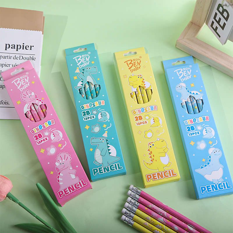New cute cartoon pencils, little dinosaur 2b pencils, 12 pieces in a box, essential learning stationery for primary school students, sketching pens details Picture