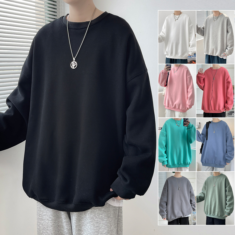 Men's hoodie 2023 New Spring and Autumn style loose casual round-neck hoodie solid color men's pullover long-sleeved base layer details Picture