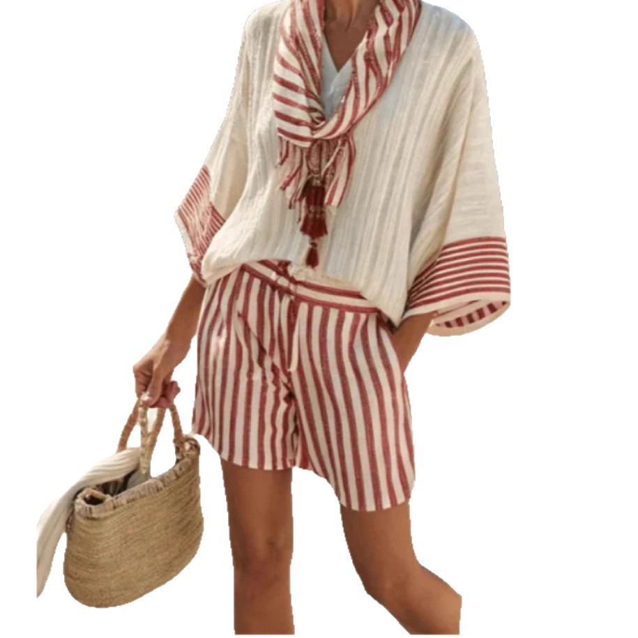 2025 Cross-border New TEMU Amazon European and American Women's Loose and distinctive striped scarf vacation Shorts set Item Picture