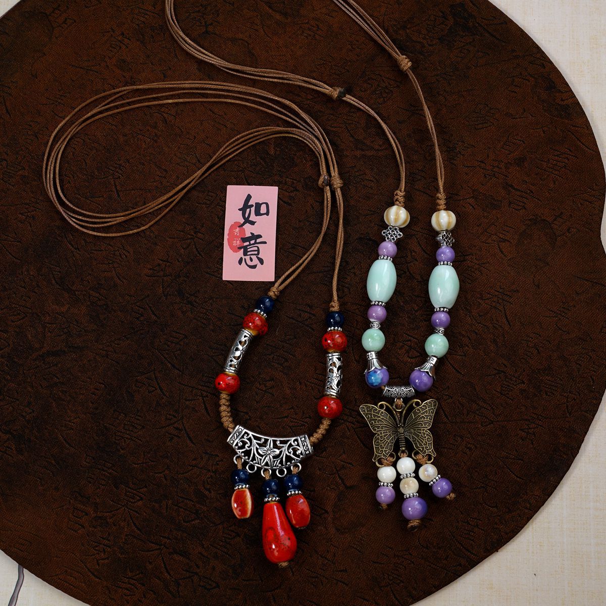 New Chinese-style long ceramic beaded necklace, women's ethnic style Zen-inspired woven sweater chain, cross-border versatile collarbone chain trend details Picture