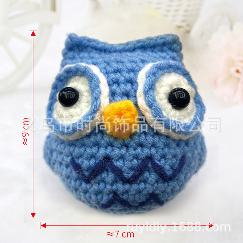 Hand-woven material package in cute blue, owl crochet doll pendant set, English instruction manual for animals details Picture