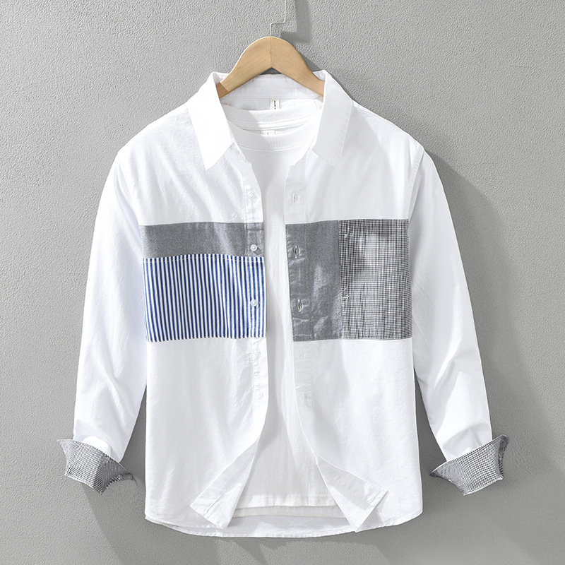 7361 Japanese-style striped long-sleeved shirt for men, Oxford fabric casual and artistic loose top for men, one piece for delivery