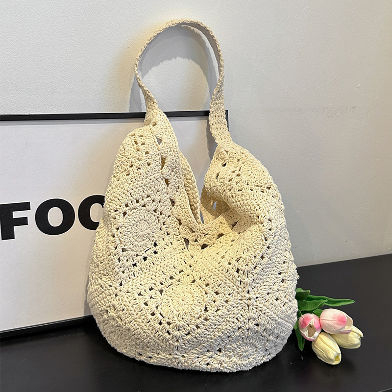 Handmade crochet cotton thread grandmother pattern hollowed-out flower woven women's bag, Laizhou straw weaving factory vacation beach single-shoulder bag