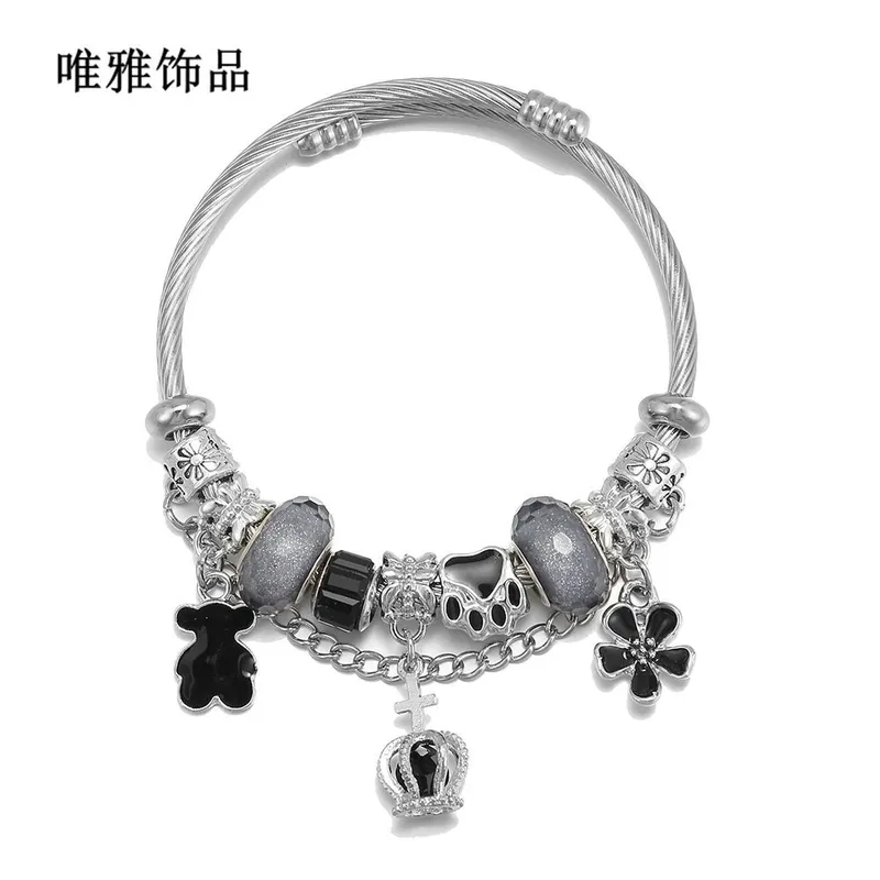 Oly Magic Bracelet 6784 Diy Open Adjustable Stainless Steel Titanium Steel Bracelet Bear Crown Pendant Bear Paw Beaded Jewelry Bracelet Wholesale