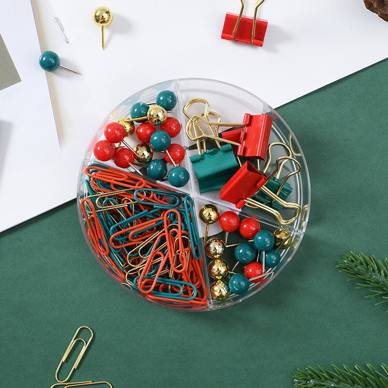 Christmas creative paperclip, long-tail clip, four-compartment round box stationery set, red, green and gold cultural and creative binding gift details Picture