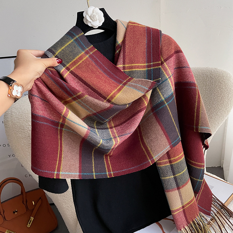 Autumn And Winter Plaid Scarf Women Korean Retro Cashmere Warm Shawl Simple Everything Scarf Korean Neck Wholesale