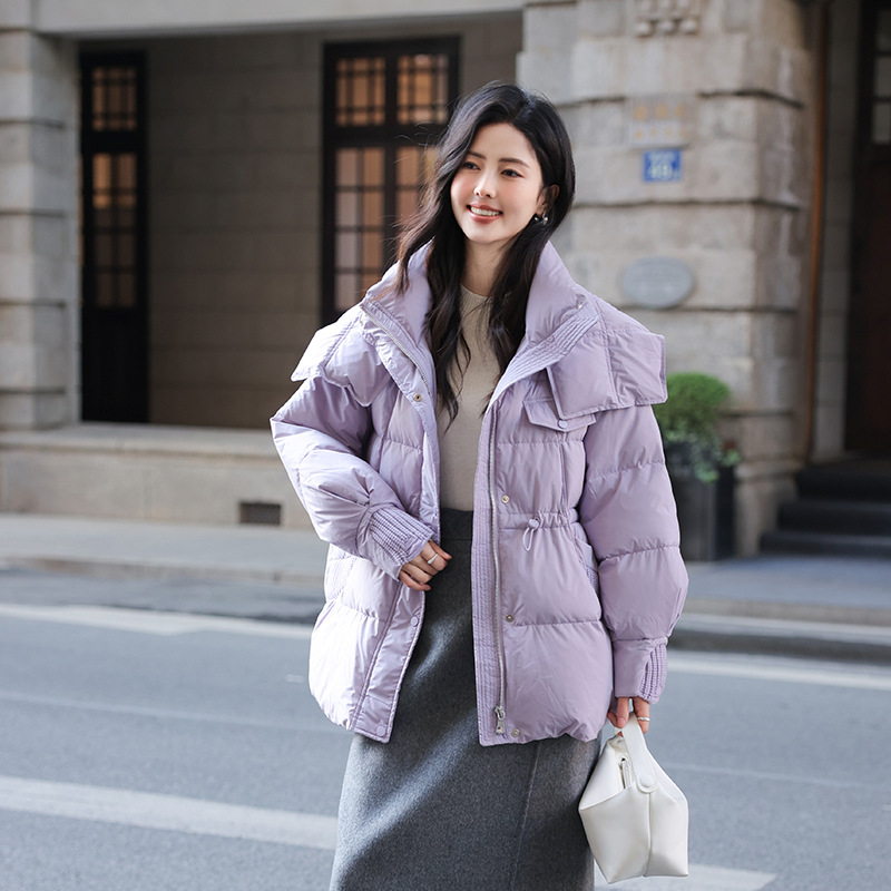 Rong Tai Stand Collar Warm Down Jacket Women 2023 Winter New Drawstring Waist Small Man Medium Long Duck Down Coat