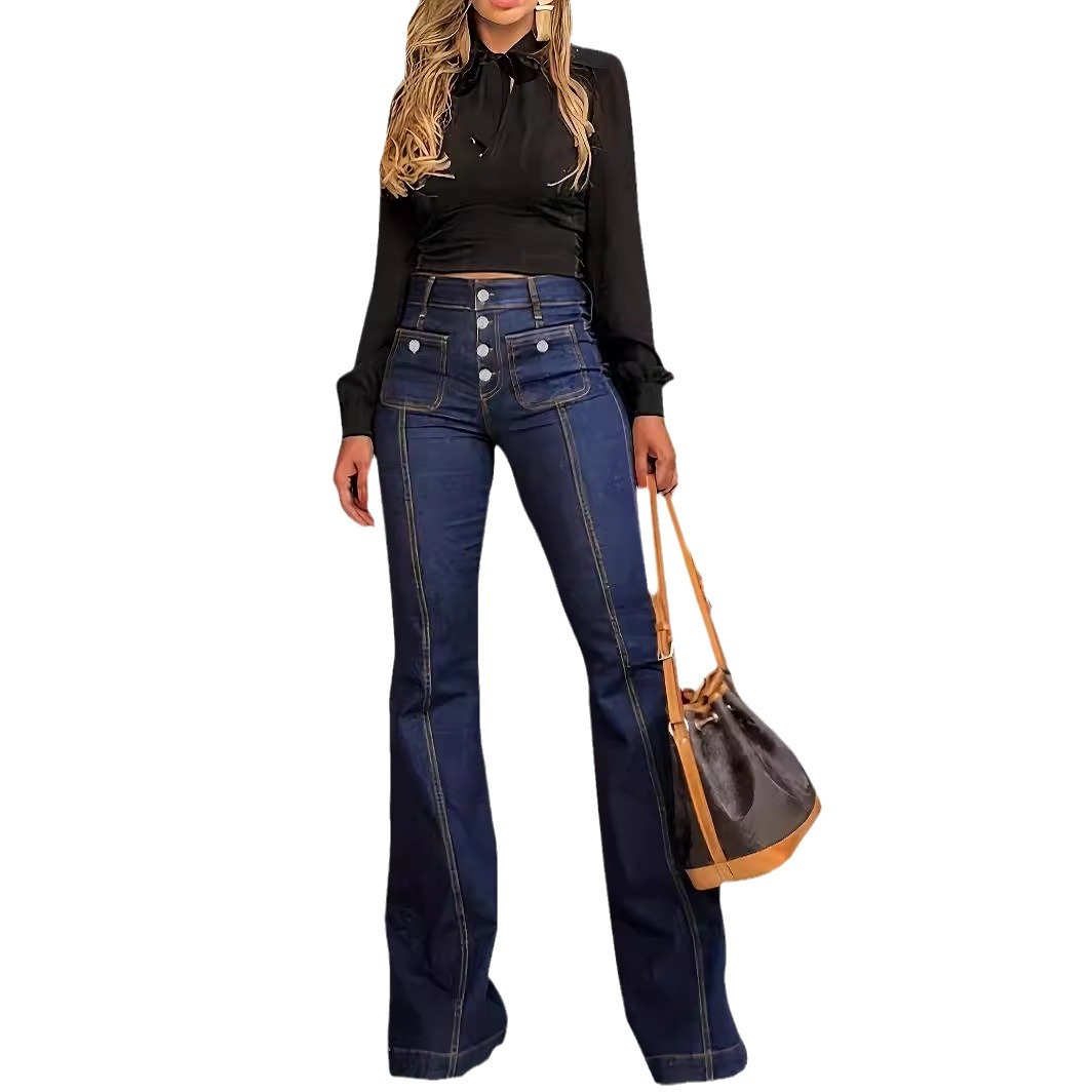 Cross-border 2025 Spring New European and American button-down high-waisted jeans for women to look slimming and elegant flared pants are in stock Item Picture