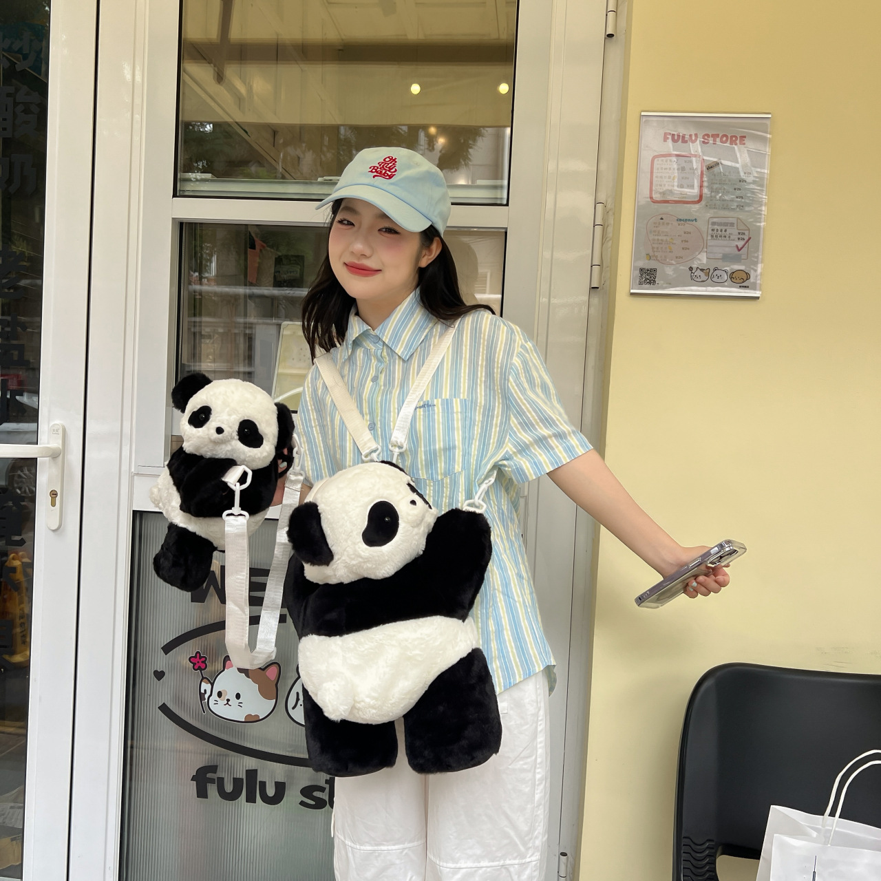 2024新款时尚熊猫双肩包清新甜美可爱卡通毛绒玩具包仿真抱枕背包