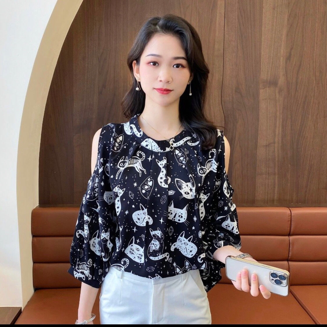 时尚印花衬衫女装年夏季新款潮流露肩七分袖上衣洋气圆领衬衣