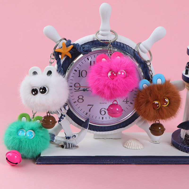 Wholesale of bell keychains, colorful plush pendants, cute little rabbit ornaments, and coal ball key chains for girls details Picture