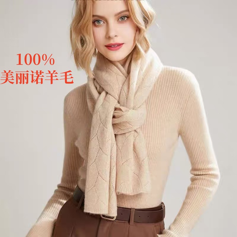 2025 Autumn/Winter new 100% pure wool scarf for women, Korean style warm knitted versatile shawl, long hollowed-out scarf pic 1