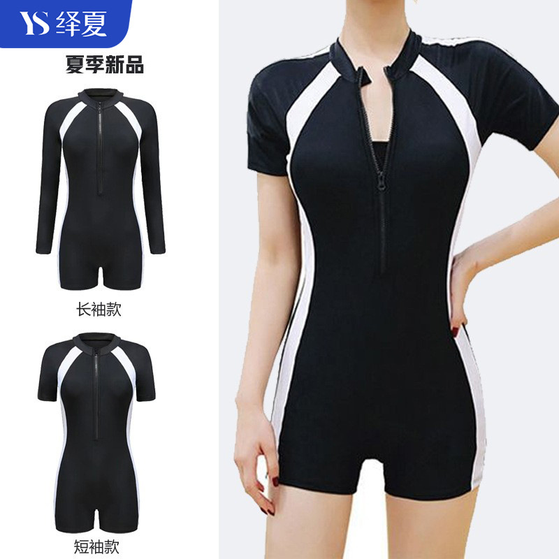 Sports Swimwear Women Wholesale New One-Piece Long Short Sleeve Flat Angle Large Size Conservative Belly Bath Hot Spring Professional Swimwear